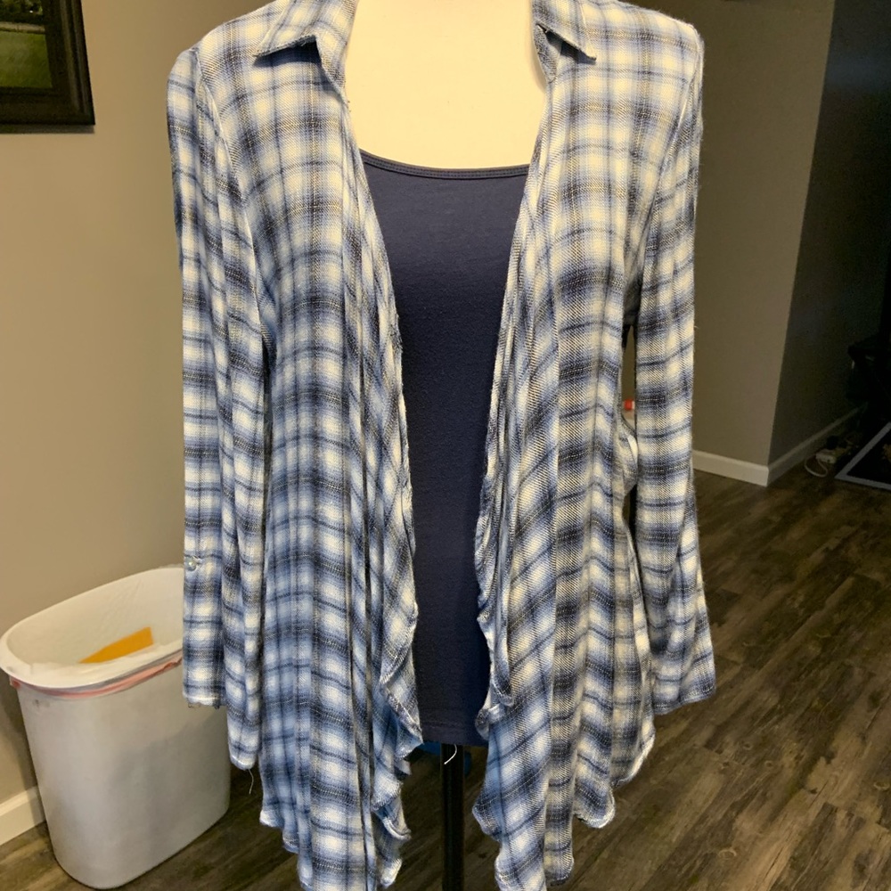 Black white and blue plaid flannel shirt with blue  Cami underneath size large
